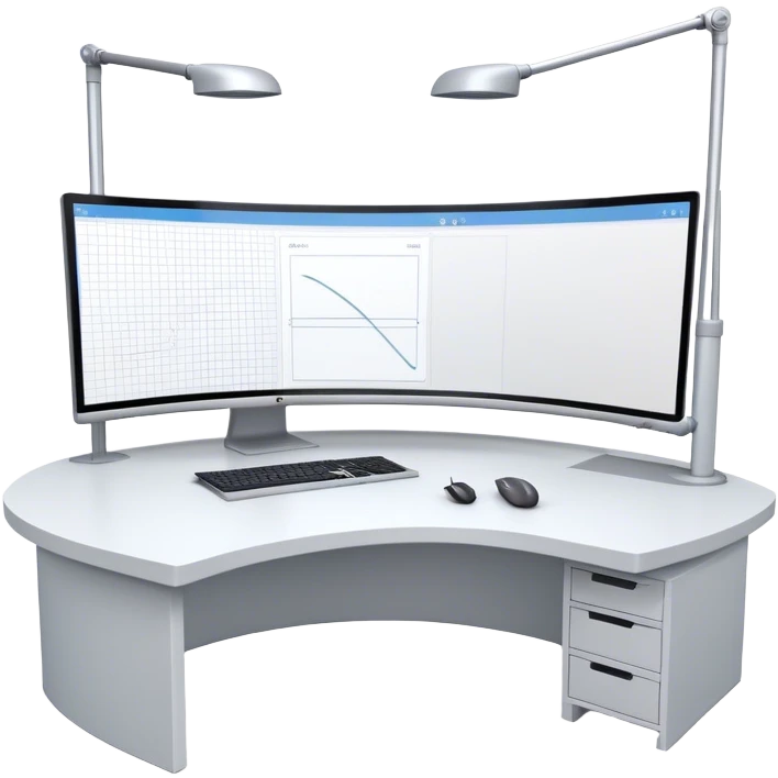 Create an emoji for 3D visualization and modeling. Show a 3D object like room model with grid lines on a big curved monitor. Add a modeling tool a mouse and stylus. Use modern, professional colors. Do not include any emojis or smiley faces. Make the background transparent. emoji