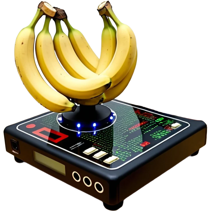 um explosivo improvisado composto por sete bananas de dinamite vermelhas presas por fita preta. O dispositivo inclui um temporizador digital de LED vermelho e uma placa de circuito com fios coloridos e um botão de ativação. Tudo está isolado sobre um fundo branco. emoji