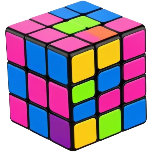 A 3x3 Rubik's Cube with neon bright colors: electric blue, hot pink, neon green, neon yellow, neon orange, bright purple, minimalist iOS emoji style emoji