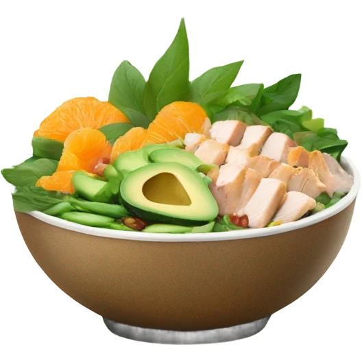 Poke bowl with chicken, avocados, mandarins, cucumbers and green beans; side view emoji