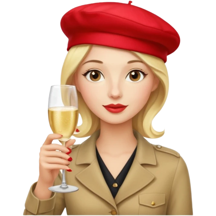 Modern French Woman with blonde hair and a Red Beret and drinking champagne from a coup glass emoji