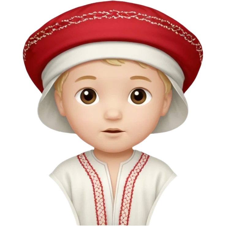  baby boy dressed in wight ghalibiya with delicate decorations with a red Moracain hat  emoji