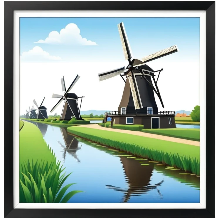 cinematic-realistic-kinderdijk-windmills-landmark-emoji,-showcasing-traditional-dutch-windmills-aligned-along-a-tranquil-canal,-with-lush-green-fields in a picture frame emoji