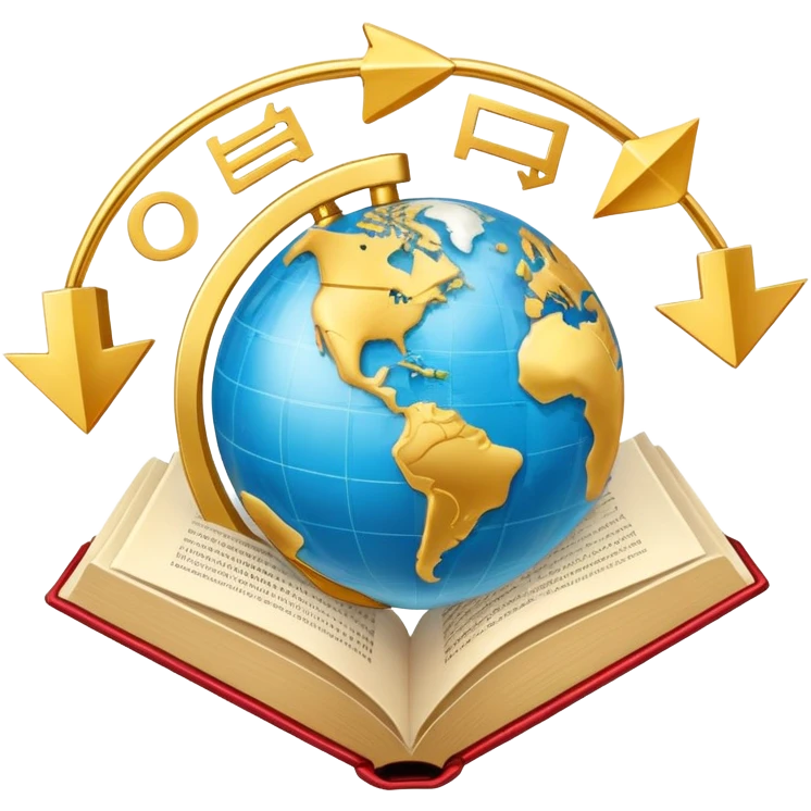An icon featuring an open book with speech bubbles showing different alphabets—Latin, Cyrillic, Kanji. A globe and translation arrows symbolize global communication and language learning. Transparent background highlights cultural exchange and linguistic diversity. emoji