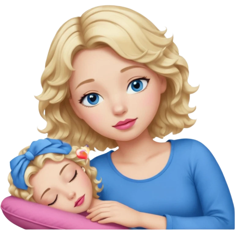 Girl Blonde short wavy hair,  blue eyes, cute blue top, long lashes, pink lips, sleeping emoji