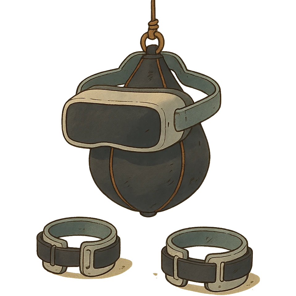 ghibli style illustration of a speed bag with VR headbands and headwrists emoji