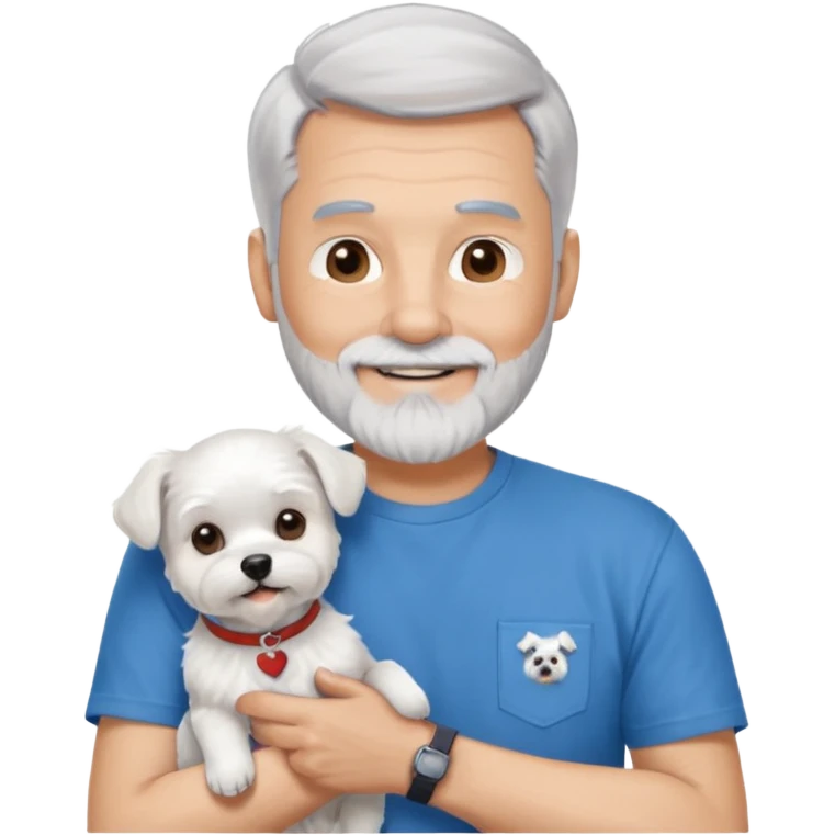 handsome gentleman, 60 years old, silver hair in crew cut style, full beard, wearing a blue t-shirt, smiling and holding a maltese dog emoji