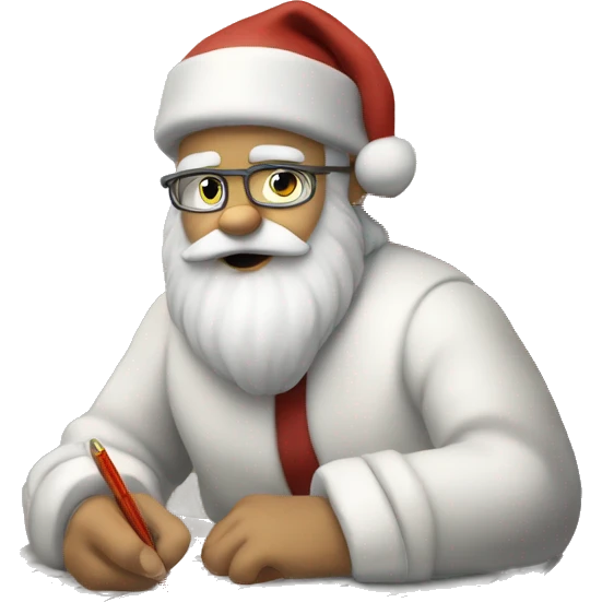 White Santa Claus is sitting on a desk, writing something down on a sheet of paper, solving complicated math puzzles emoji