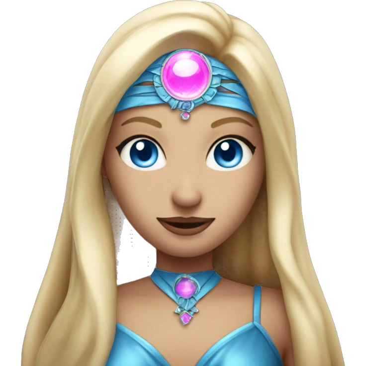 magical diva with thin pink andromedan face long blonde hair and blue eyes glowing third eye emoji