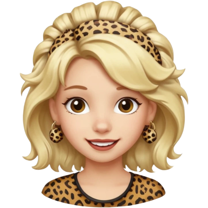 Une fille blonde et joyeuse. Elle porte une coiffure rock et originale avec des barrettes pour cheveux  léopard et motif peau de vache. emoji
