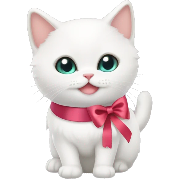 cute white munchkin cat with a ribbon collar and a ribbon clip emoji