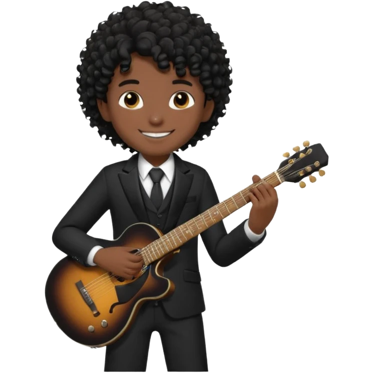 A boy with black fade curly hair Smiling and holdijg a guitar in a black suit  emoji