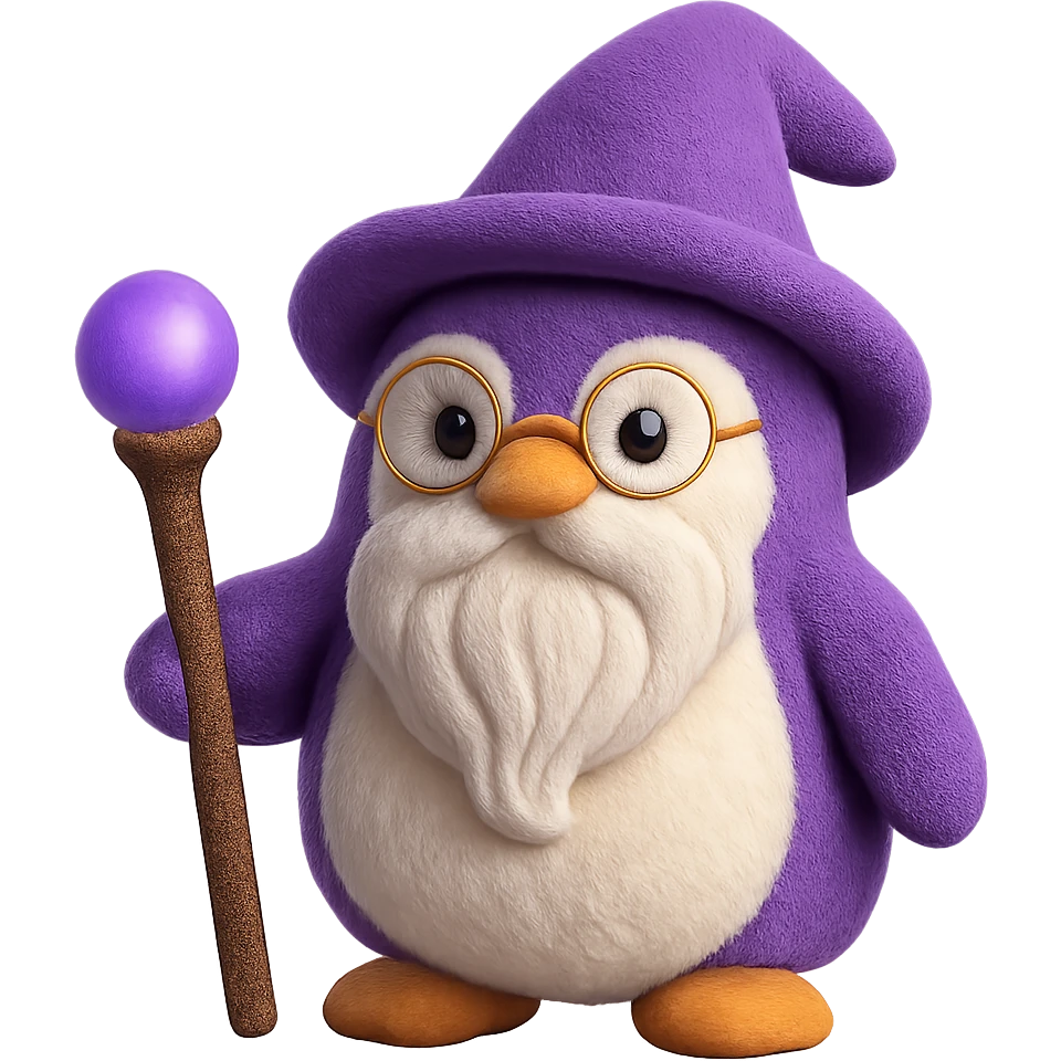 A penguin sorcerer with a flowing wizard beard, small round glasses, and a magical staff. The plush penguin has a soft, huggable appearance. emoji