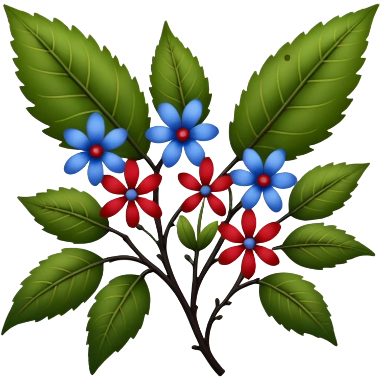 dull green leaves & red & blue flowers filigree design, small fruits, ebony branches, extremely detailed, complex design emoji