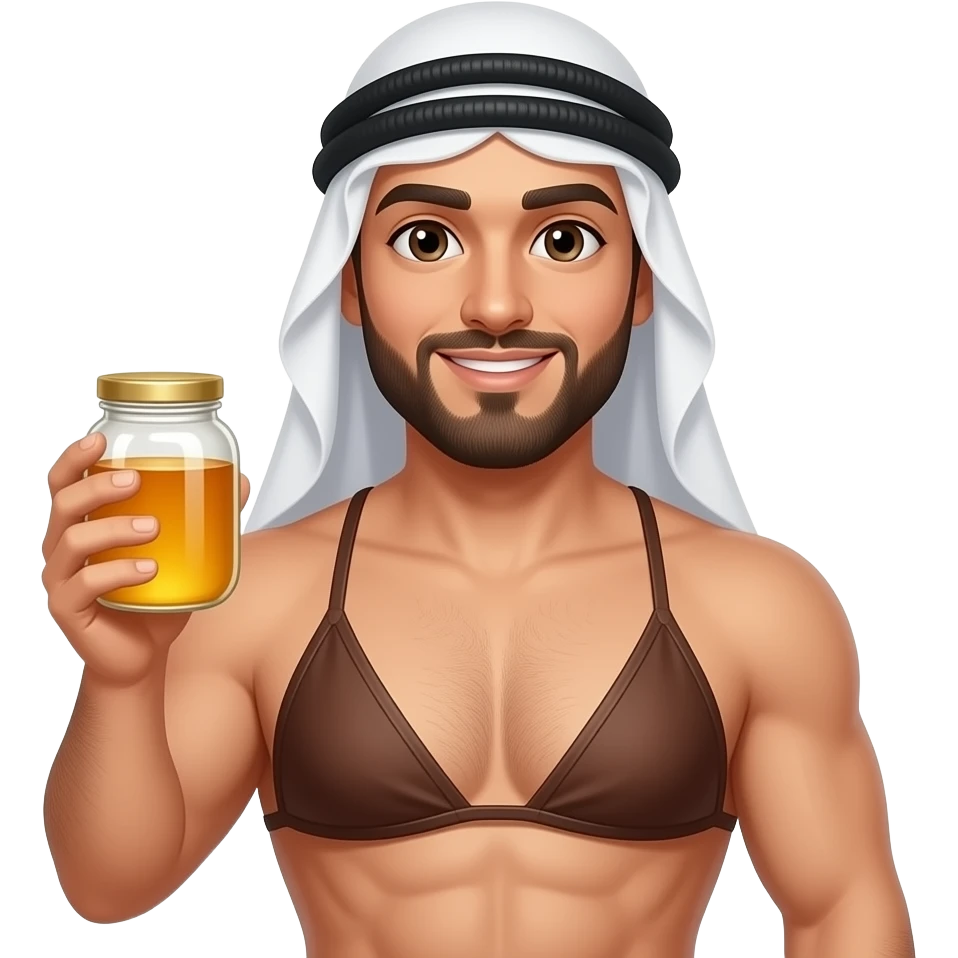 Arab muscle man in brown bikini holding a jar of honey emoji