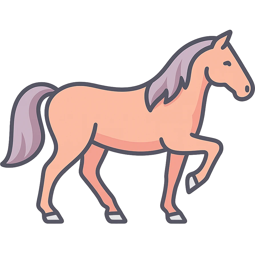 Create an icon-color-outlined style image of a horse as the symbol of the year in Feng Shui, Chinese Eastern style. Use thin clean contours, soft rounded shapes, and a pastel palette including #98B5BC, #B5B3C1, #C9A3C9, #E4C0CA, #F7DCD1, #F7C0AA. Include detailed shadows and highlights with soft lighting. The silhouette and appearance should match the previous reference, but the pose should match the new reference. The image should have a transparent background, be less cute, and contain no decorative elements. emoji