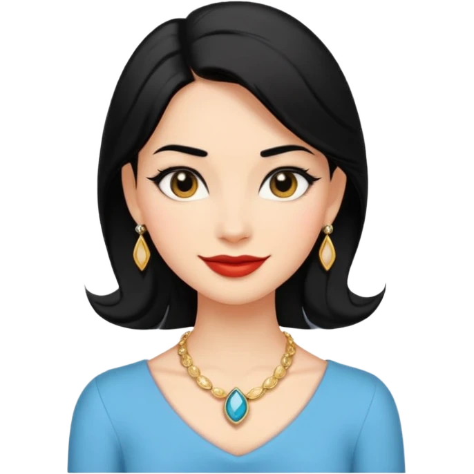 A confident, stylish female cartoon character with black hair, sly smile, flirtatious eyes, elegant pose, jewelry hints, minimalist, high-contrast colors, designed as a small, bold emoji icon. emoji