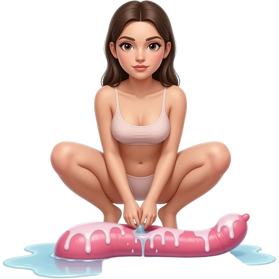 Fully Nude girl facing forward squatting over a pink veiny realistic penis that’s covered in white water and that’s on the floor and toughing her vagina emoji