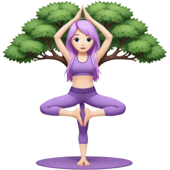 Девушка белокожая, с длинными светло-фиолетовыми волосами, в одежде для йоги, стоит в позе дерева, в стиле бимбо пилатес, две руки, две ноги emoji