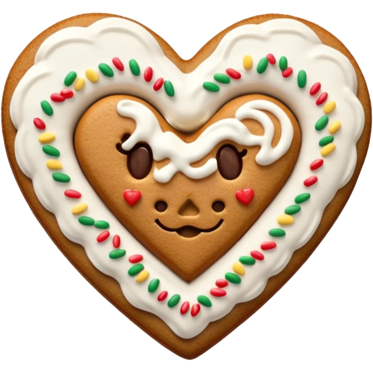 two gingerbread heart cookies with white holiday icing emoji