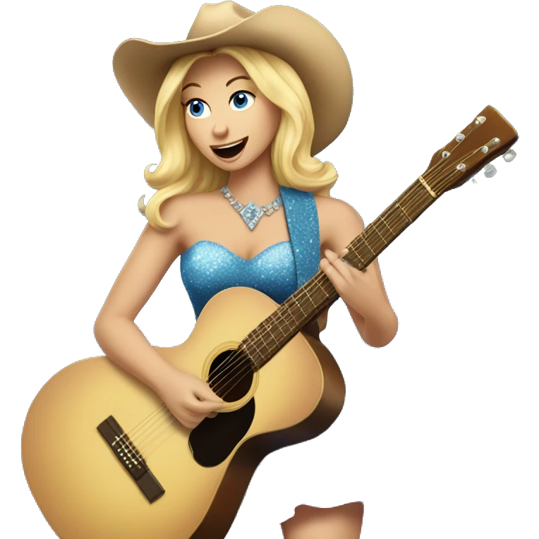 Blonde woman in cowboy boots and dress playing guitar and singing blue sparkly  emoji