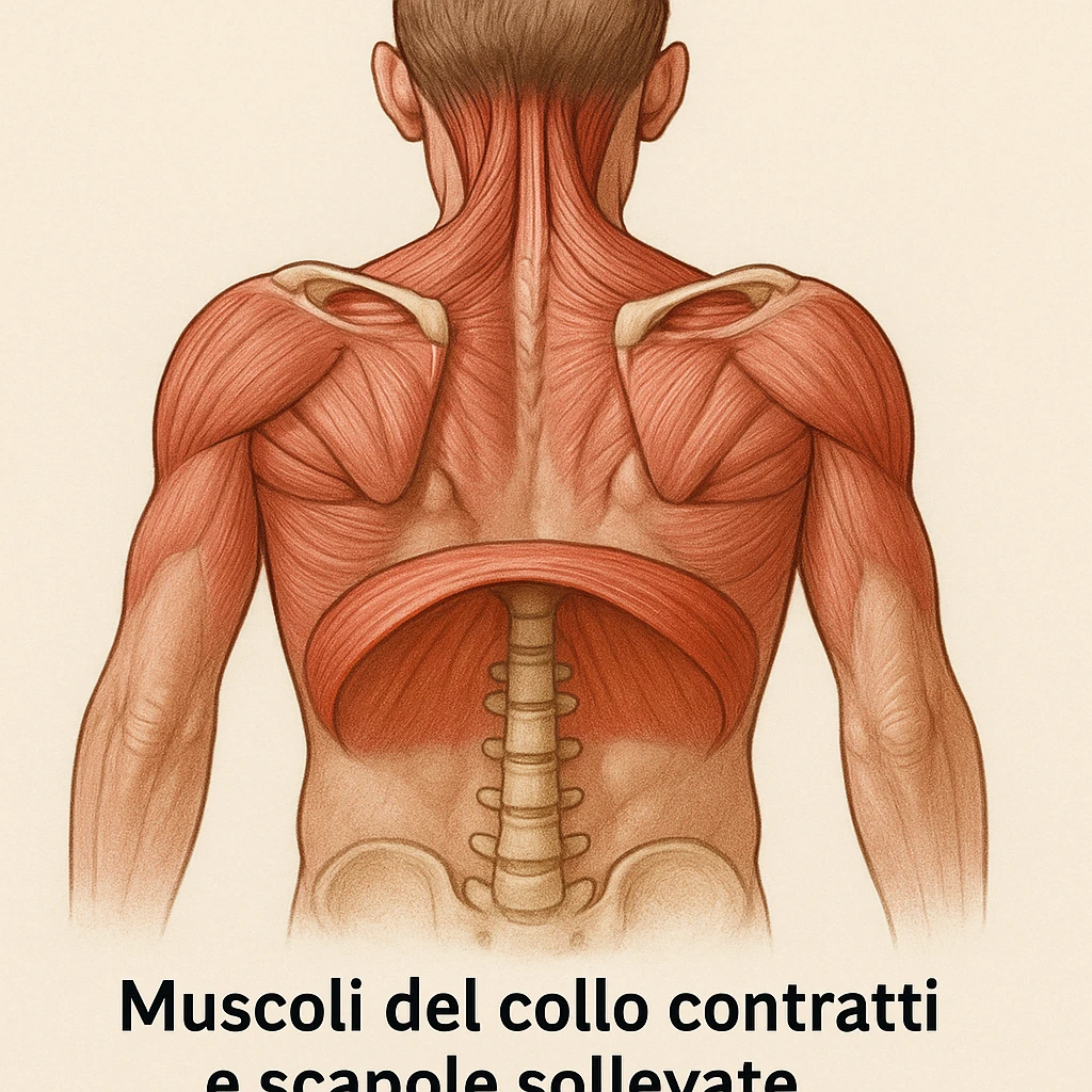 vista posteriore con muscoli del collo contratti e scapole sollevate, diaframma bloccato in evidenza, didascalia in italiano emoji