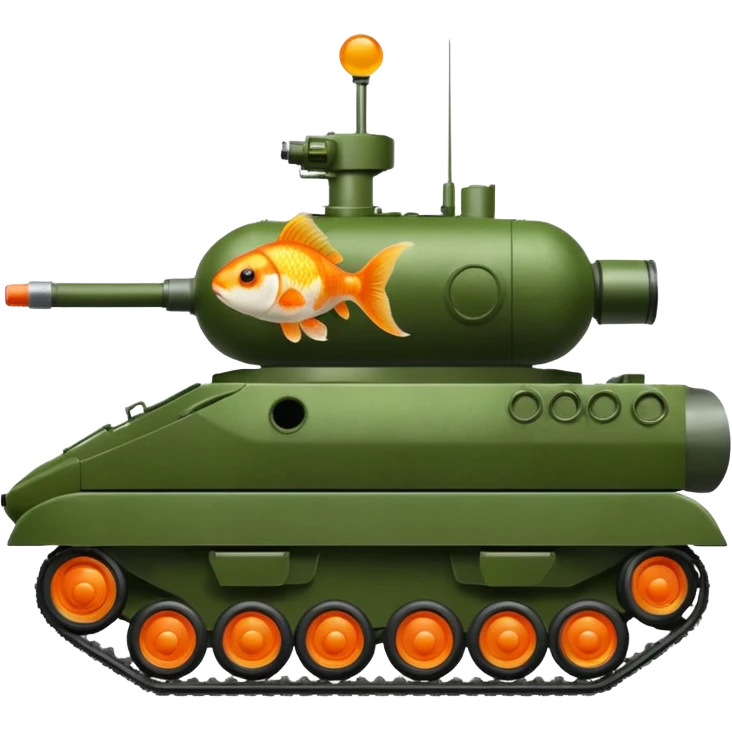 goldfish in a green military tank, visible in the hatch, iOS emoji style emoji