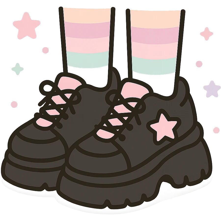 BLACKPINK-inspired gothic shoes, no hearts, black and pink, cute and stylish, kawaii style, chunky sneakers with star accents, pastel striped socks emoji