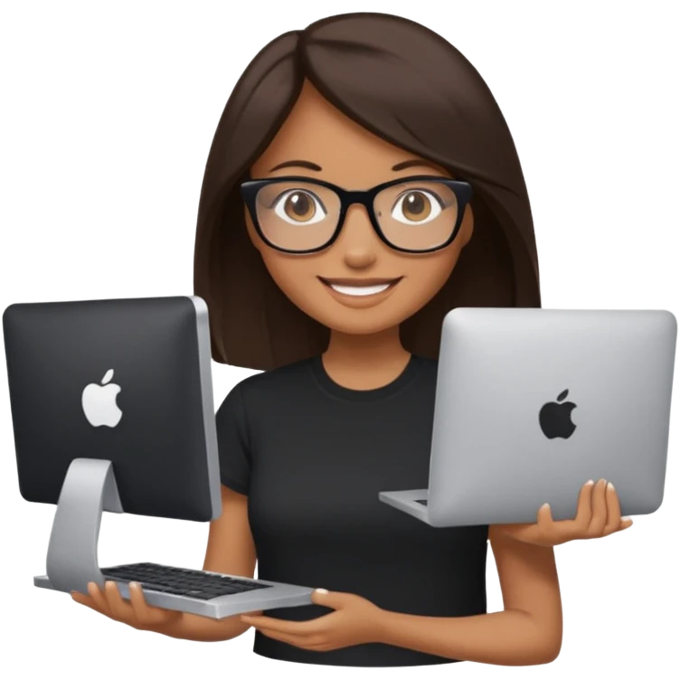 woman with tan skin, long straight dark-brown hair and glasses, smiling and holding mac computer, wearing black t shirt emoji