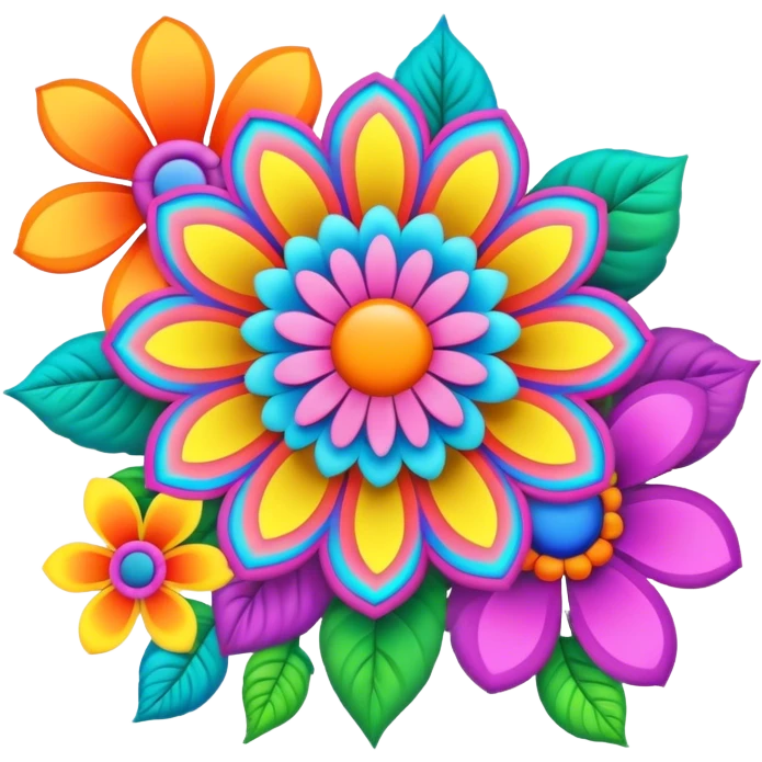 3D, psychedelic colored post card with hippie style flower border emoji