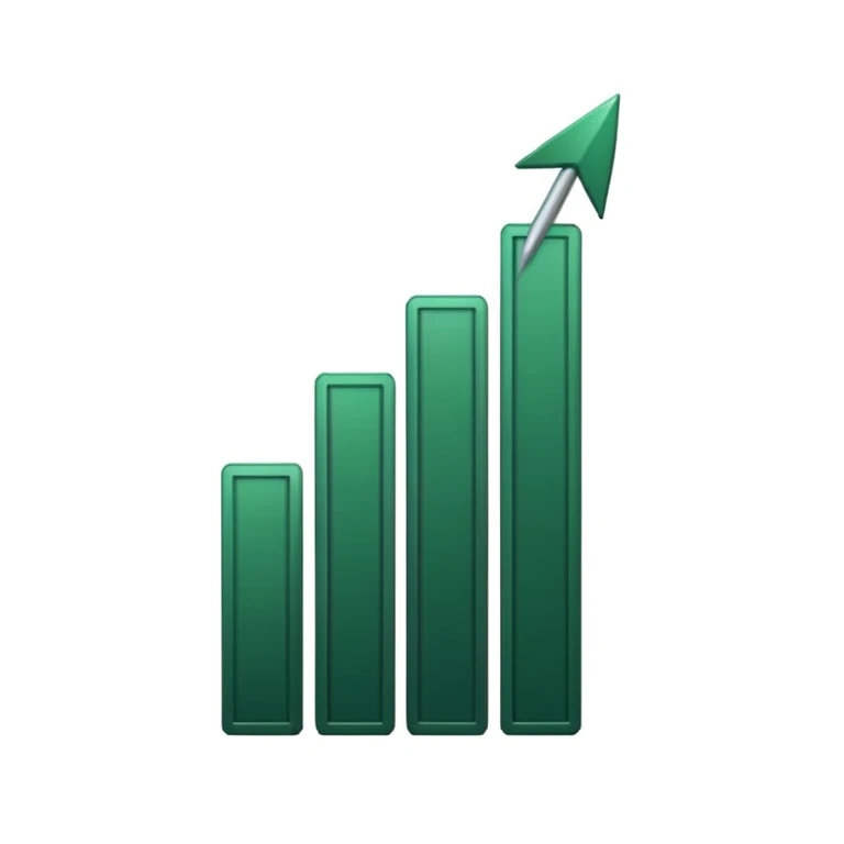 growth chart with white bars and dark green shadows and details, dark green arrow, minimalism, iOS emoji style, no faces or smileys, white background emoji