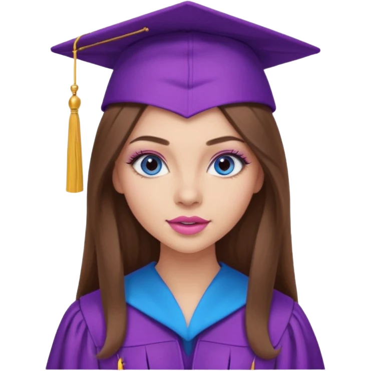 girl with gorgeous long brown hair, blue eyes, long lashes makeup, sexy pink lips, wearing a purple and pink graduation cap and gown emoji