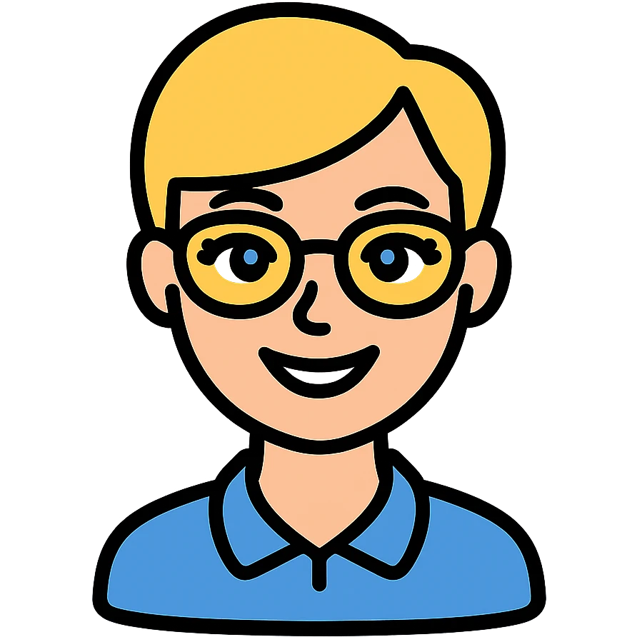 blonde teacher with pixie haircut, gold glasses, blue eyes, big eyelashes, nice smile icon-color-outlined style emoji