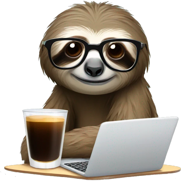 tired sloth wearing glasses with laptop and espresso tonic emoji