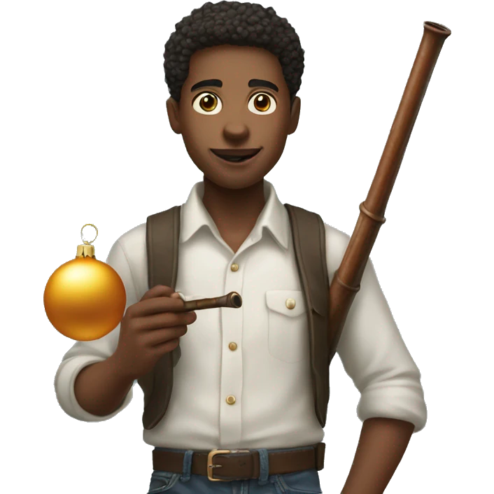 Young man holding a sharp Christmas ornament and a long pipe and a  emoji