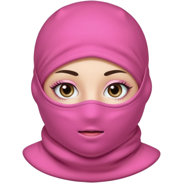 baggy stylish balaclava pink in colour with girly eyes showing through the eye holes of the balaclava with beautiful eyelashes on  emoji