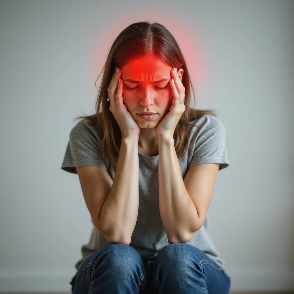 woman sitting with head in hands, head highlighted in red for headache, strong discomfort expression, realistic style, neutral background emoji