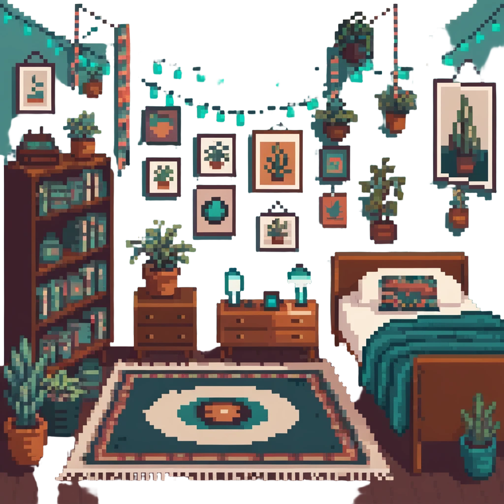 cozy indie room with record collection, hanging plants, boho rugs, vintage posters, string lights, cozy throw blankets emoji