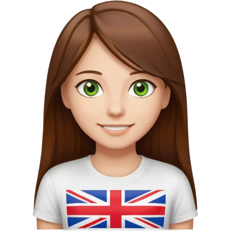 Una chica con pelo liso, largo y marrón. Ojos verdes, camiseta blanca con una bandera de Reino Unido. emoji