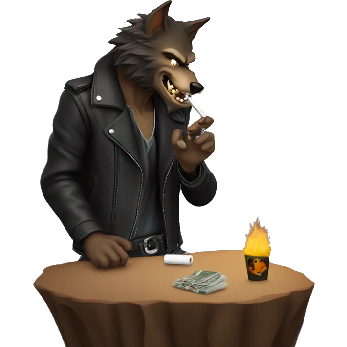 Werewolf in a leather jacket smoking a cigarette overlooking a cliff emoji
