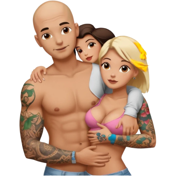 throuple tattooed sleeves bbald male with topless naked big boobed brunette and topless naked big boobed blonde girlfriends  lovingl  and sexy polygamy hott emoji