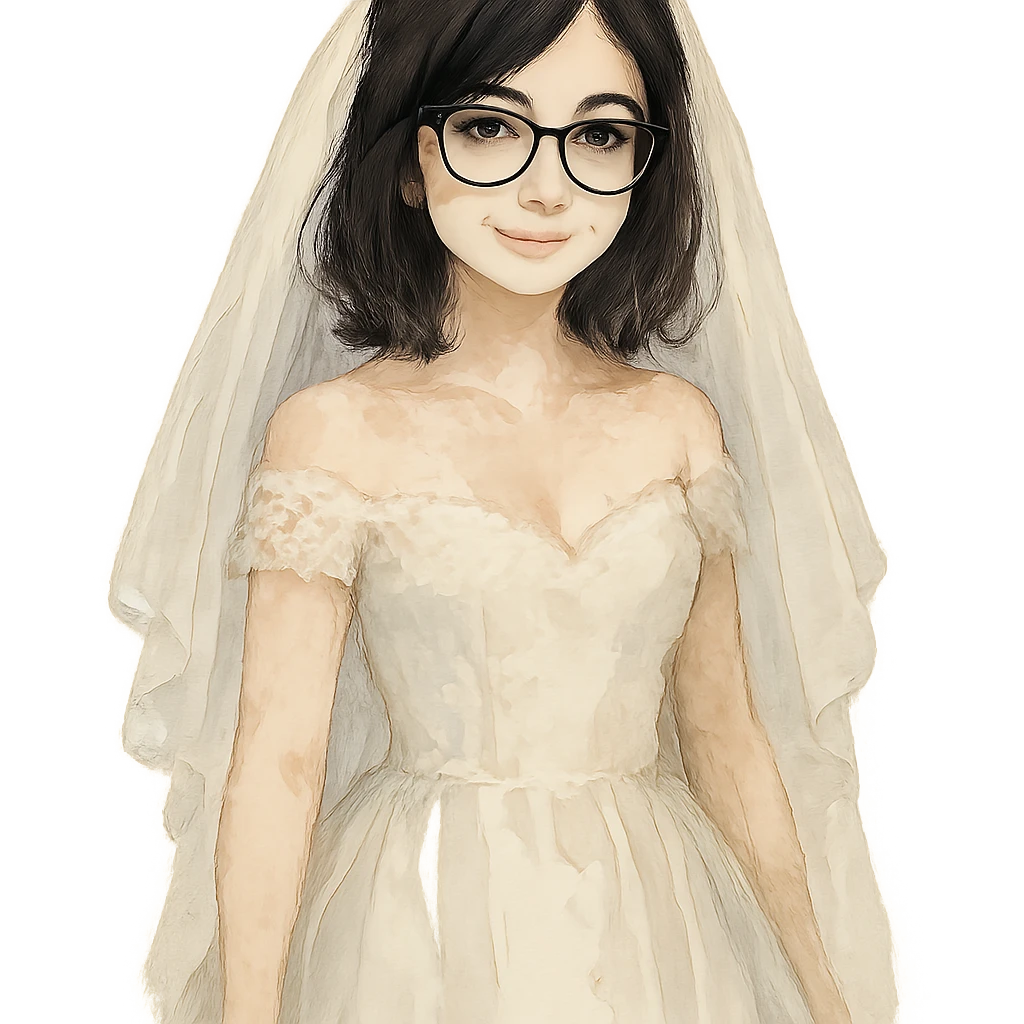 watercolor style girl with black hair in glasses in a wedding dress emoji