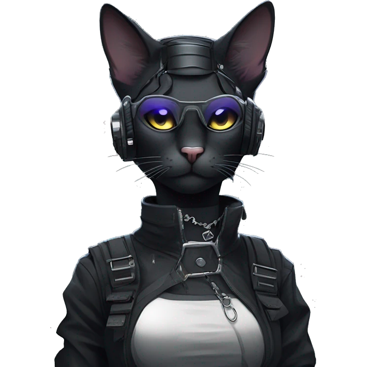 Gorgeous dark techwear cyberpunk style anthro cat sona, aesthetic, and pretty edgy black with collar and harness, trending style emoji