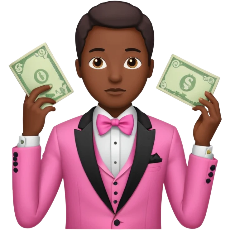 ambitious thinking about money, black person, pink tuxedo emoji