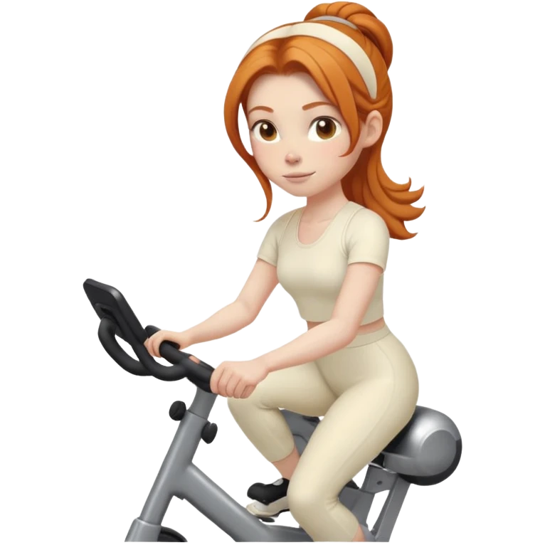 Ginger girl middle part low bun riding stationary bike cream outfit emoji