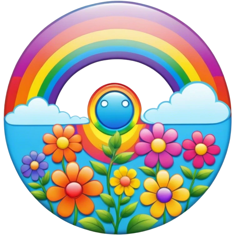 A round psychedelic colored button with a bezeled rainbow and colored hippie style flowers emoji