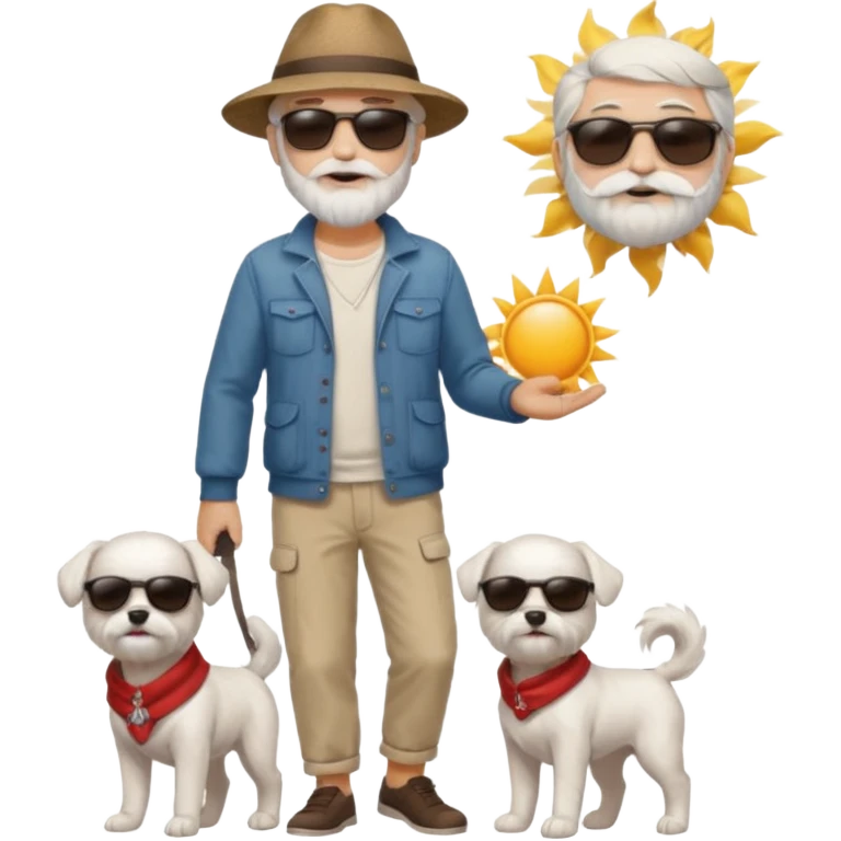 white man grey hair beard holding a white Maltese relaxing on a beach full body 1 dog emoji