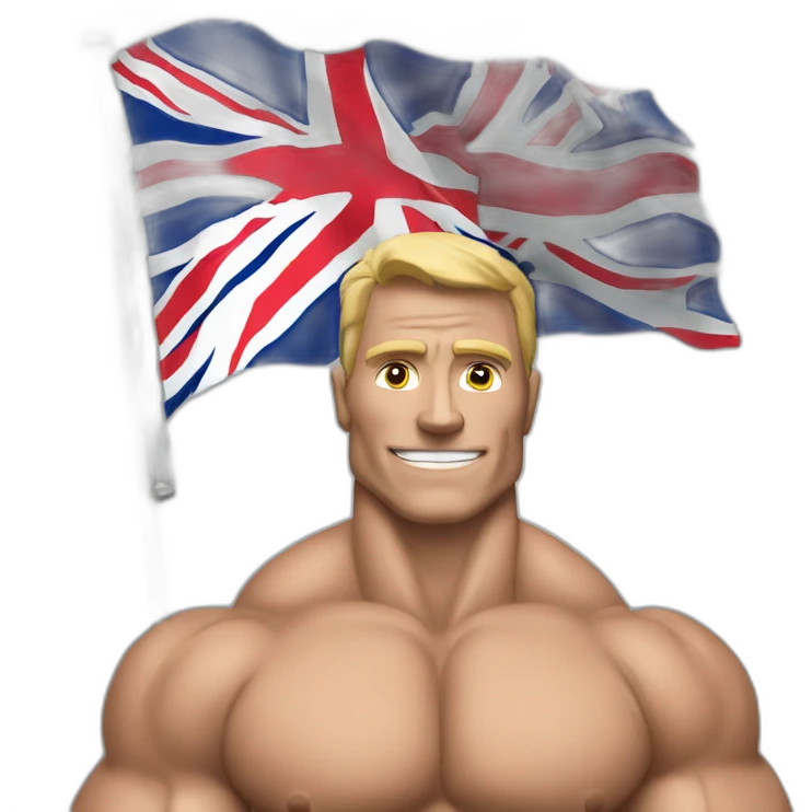a bodybuilder driving a car with the uk flag on it* emoji