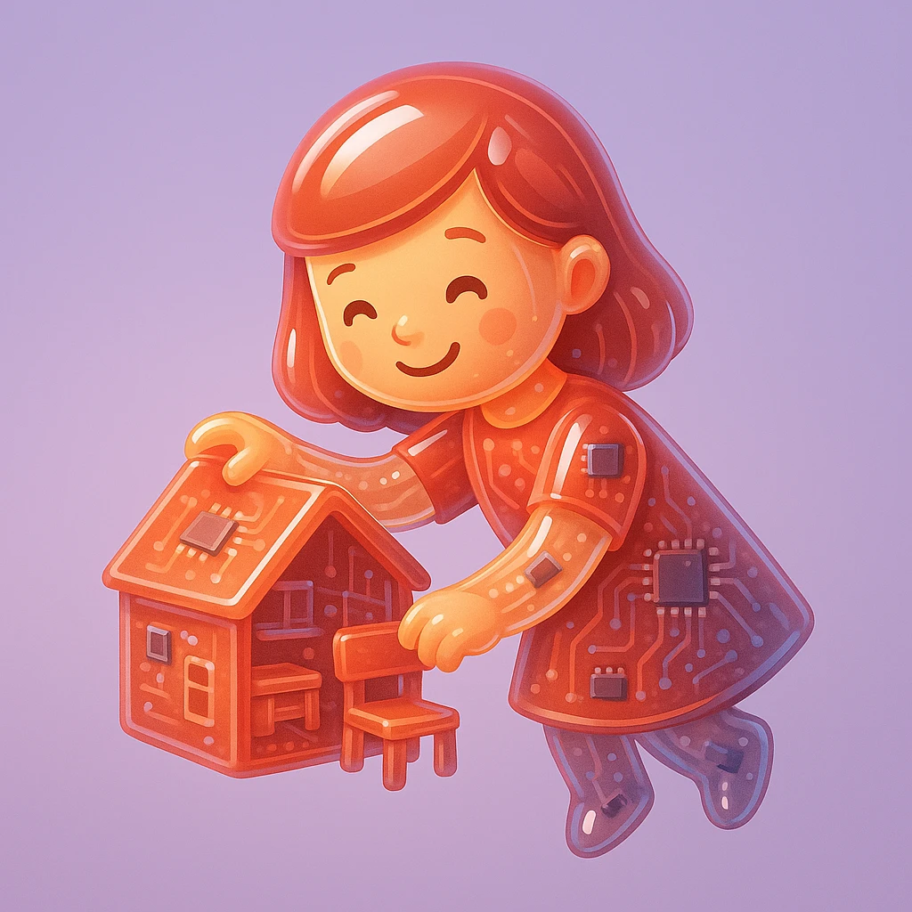 smiling girl arranging furniture in doll house emoji