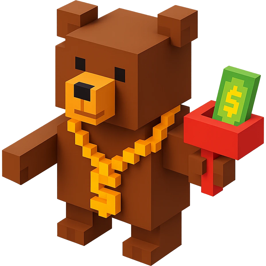 brown Russian grizzly bear wearing a rapper chain and holding a money gun emoji